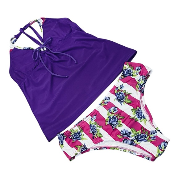 Purple Halter Bikini Top with Floral Bottoms Size L - Picture 1 of 5